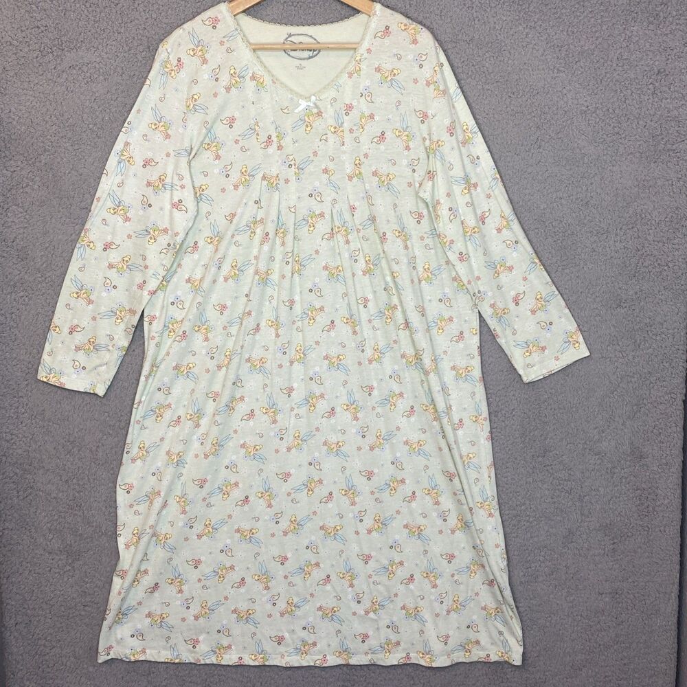 Disney Tinker Bell Fairy Nightgown Womens XL Green Floral Paisley Night Shirt